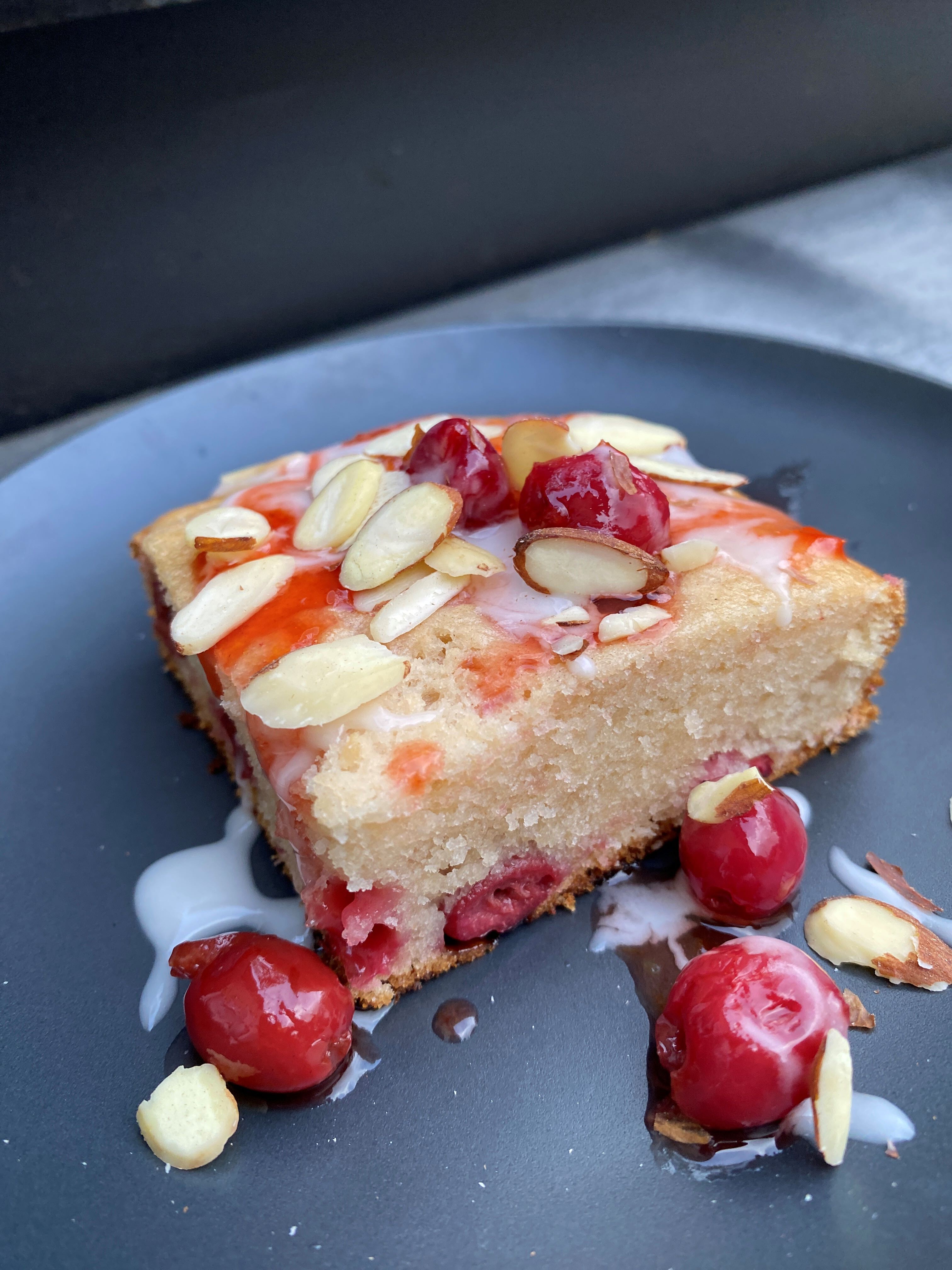 Smoked Sour Cherry Cake with Vanilla Glaze and Sour Cherry Coulis